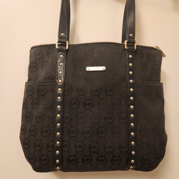 MICHAEL KORS Handbag Black Canvas Signature 14"x12"x3" 2 handles - Picture 2 of 12